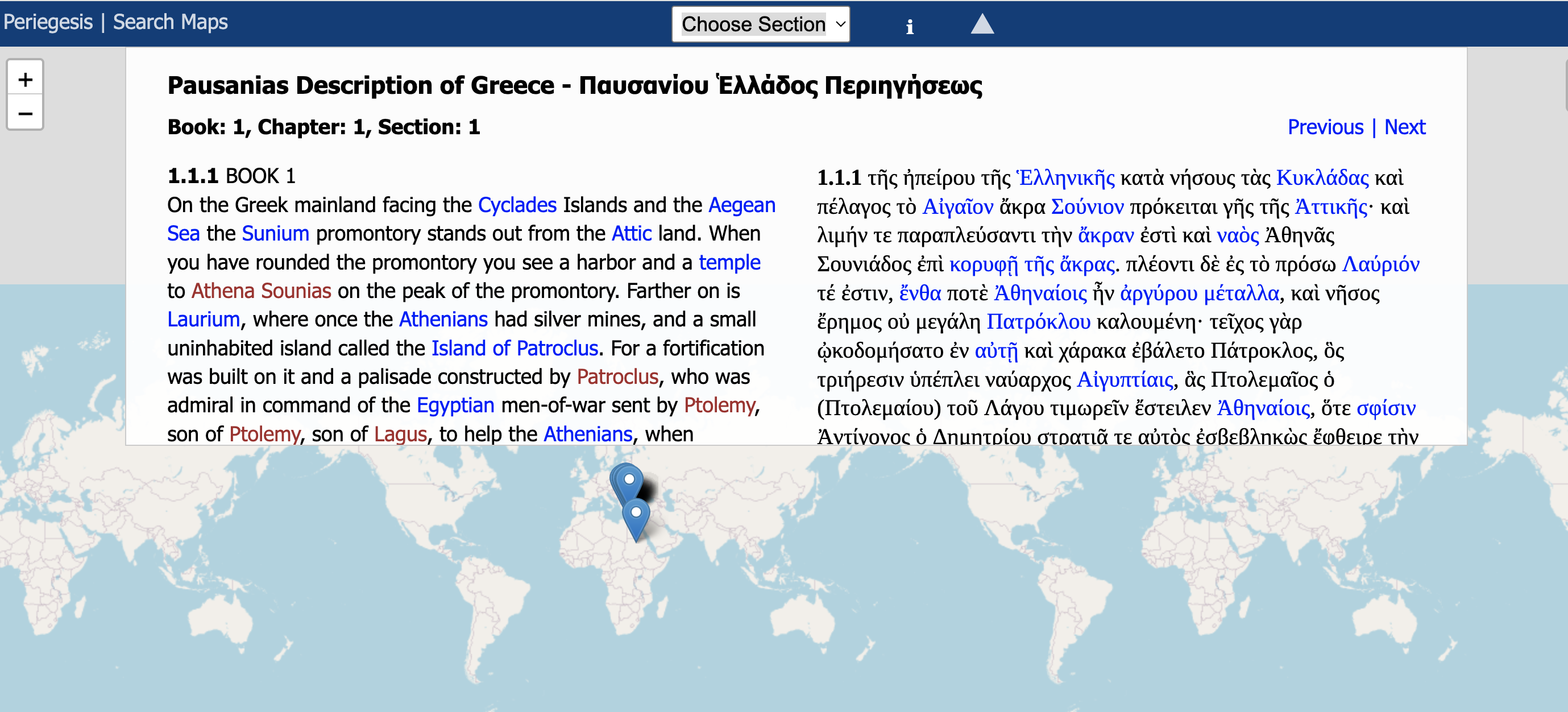  English-Greek text of Pausanias by Section with Places Marked on Maps